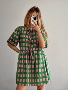 Forever 21 Green Pink Geometric Babydoll Dress Large